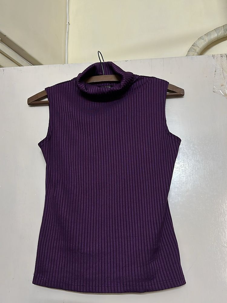 Purple Ribbed Turtle Neck Top