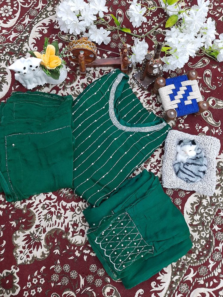 Green Colour Straight Trouser Suit With Dupatta