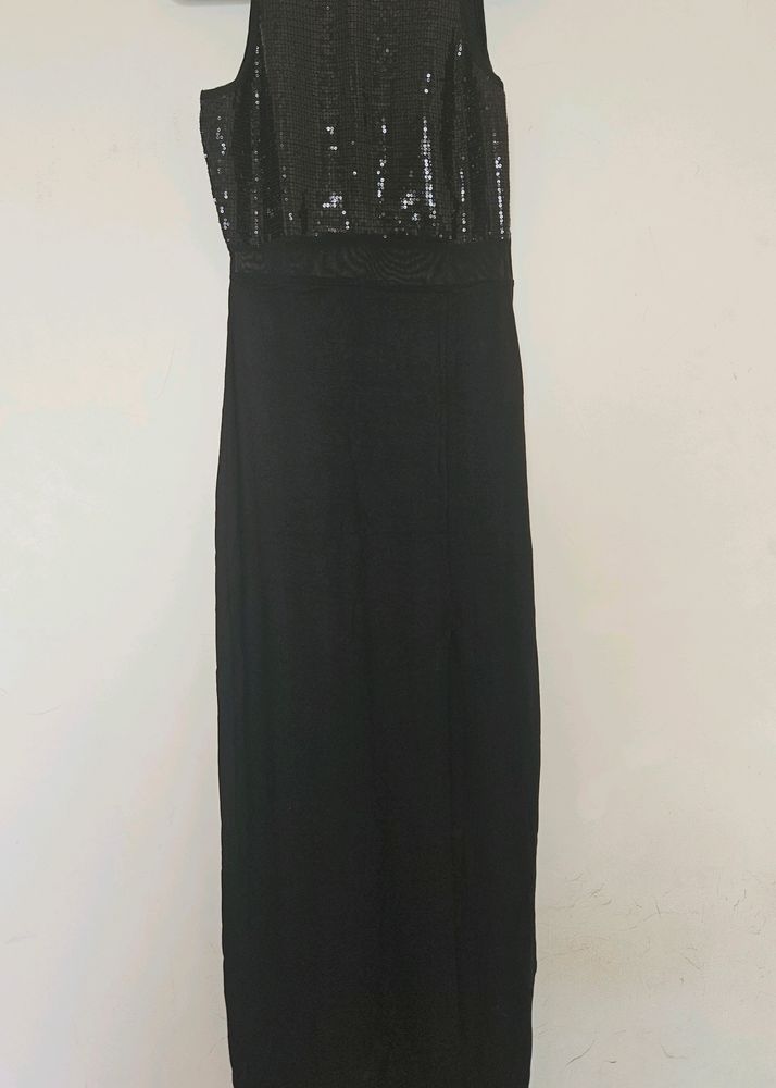 Black Shiny Side Cut Long Dress