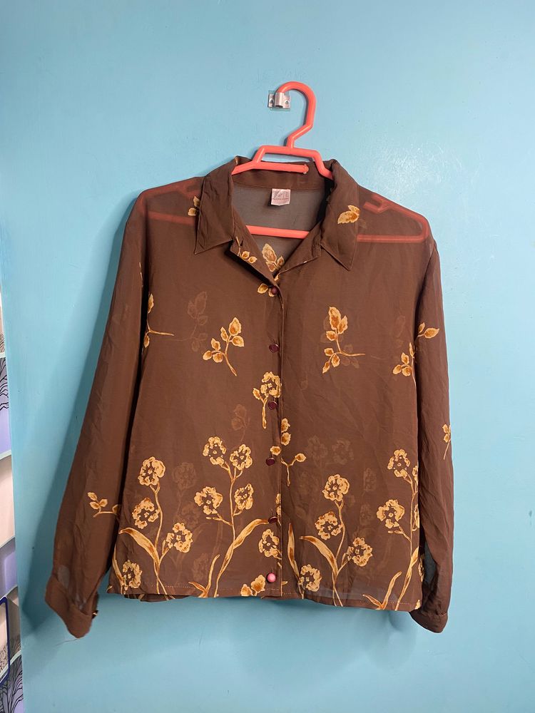 Brown Floral Print Sheer Shirt