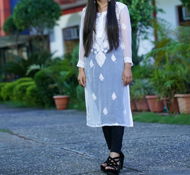 White Chickankari Kurti