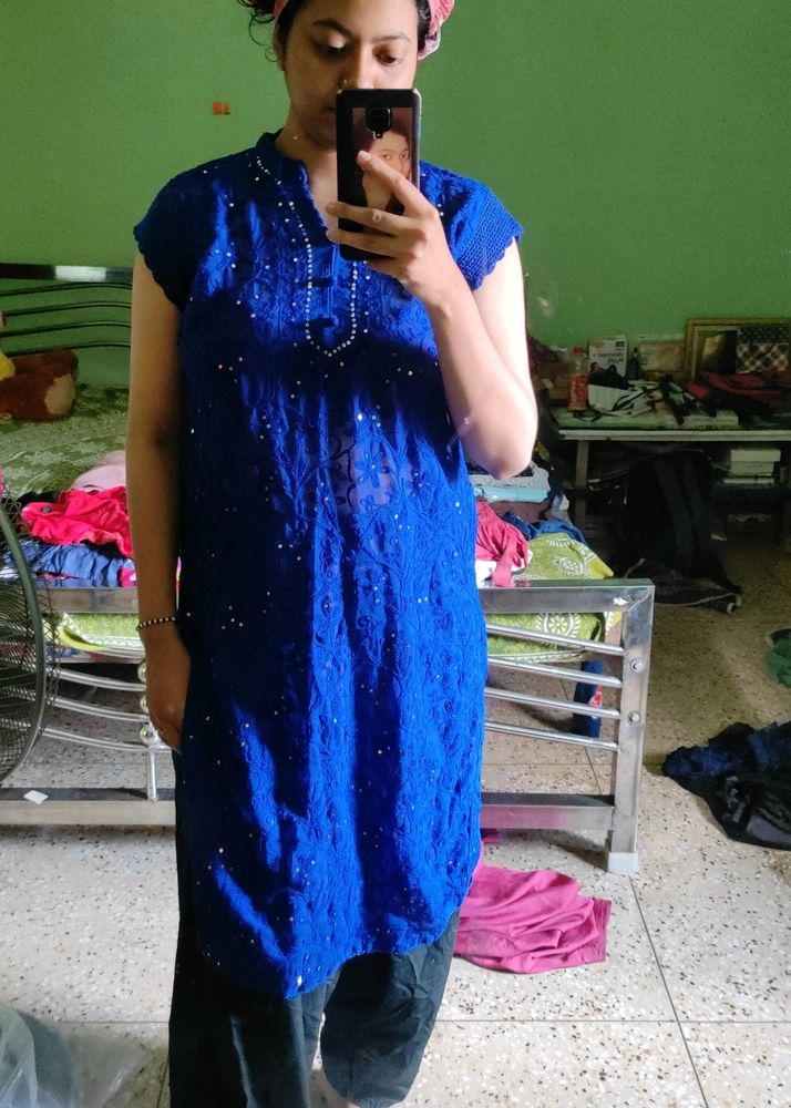 Navy Blue Chikankari Kurti With Sequins