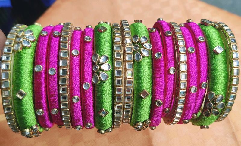 Green & Pink Silk Thread Bangles