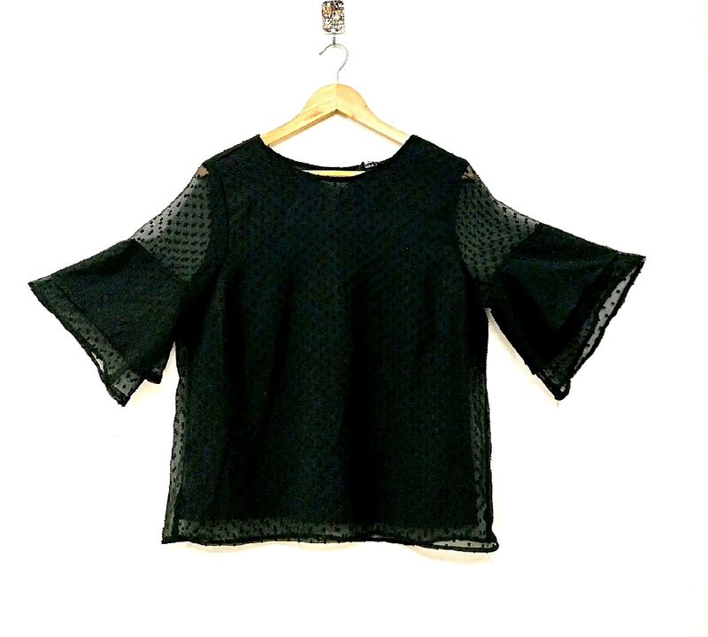 Harpa Black Bell Sleeves Sheer Top Women