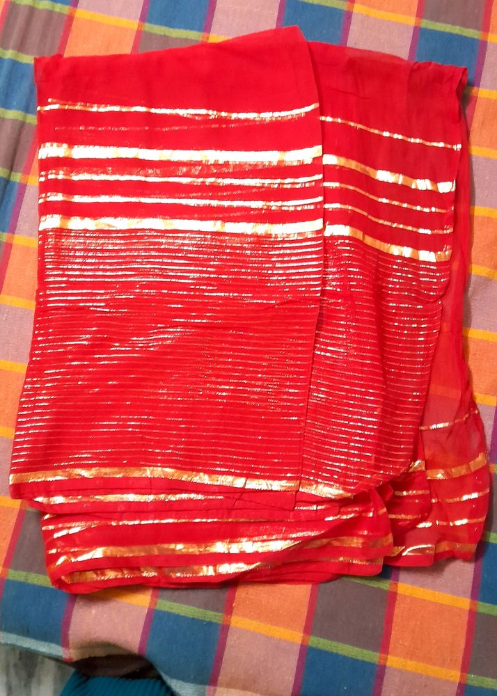 Red N Gold Zari Lines Saree