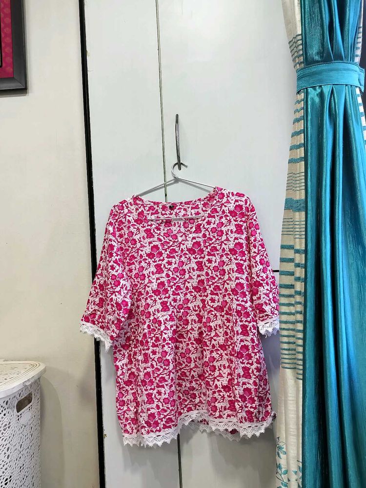 Vibrant Pink Floral Short Kurti