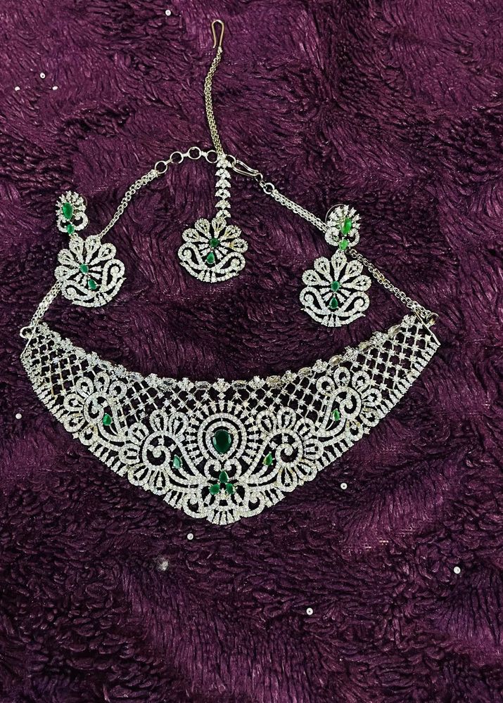 AD Stone Necklace With Earring And Mangtika