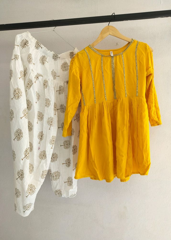 Yellow Short Kurti With Dhoti Set