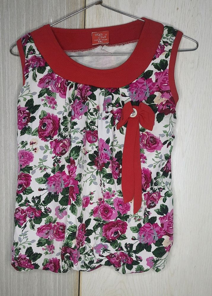 Casual Floral Printed Red Top