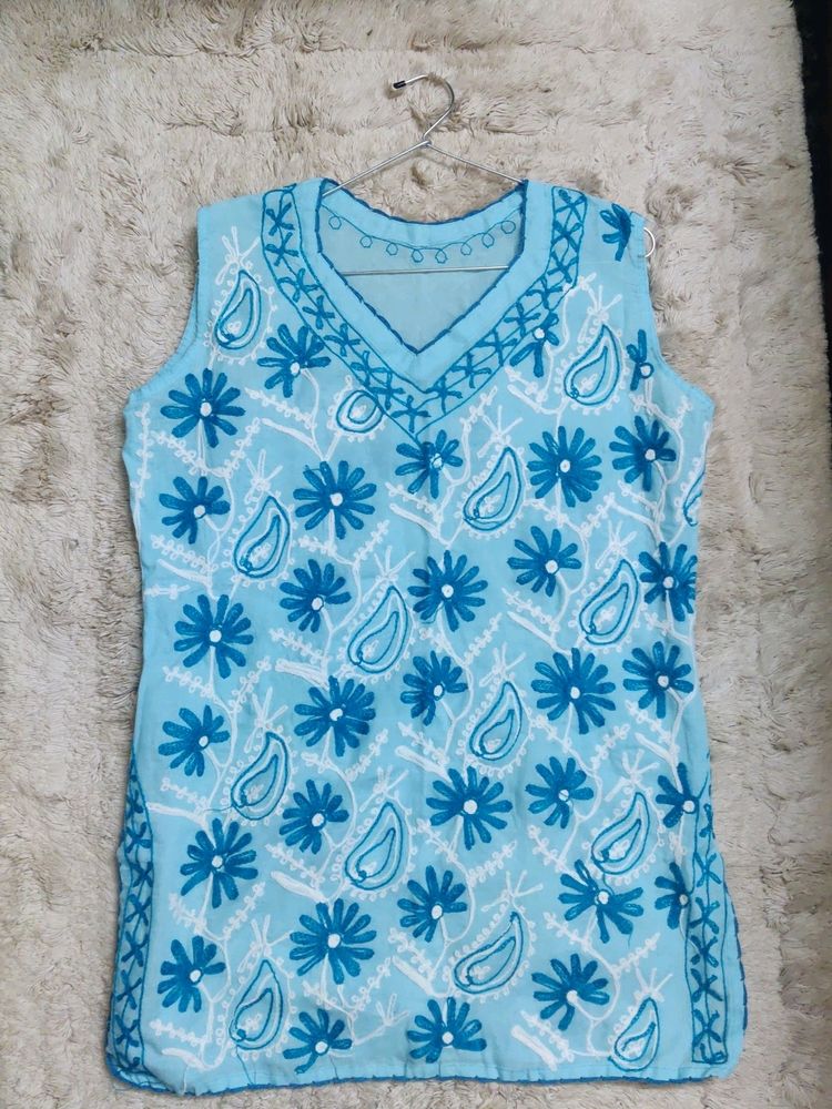 Chikankari Blue Short Kurta