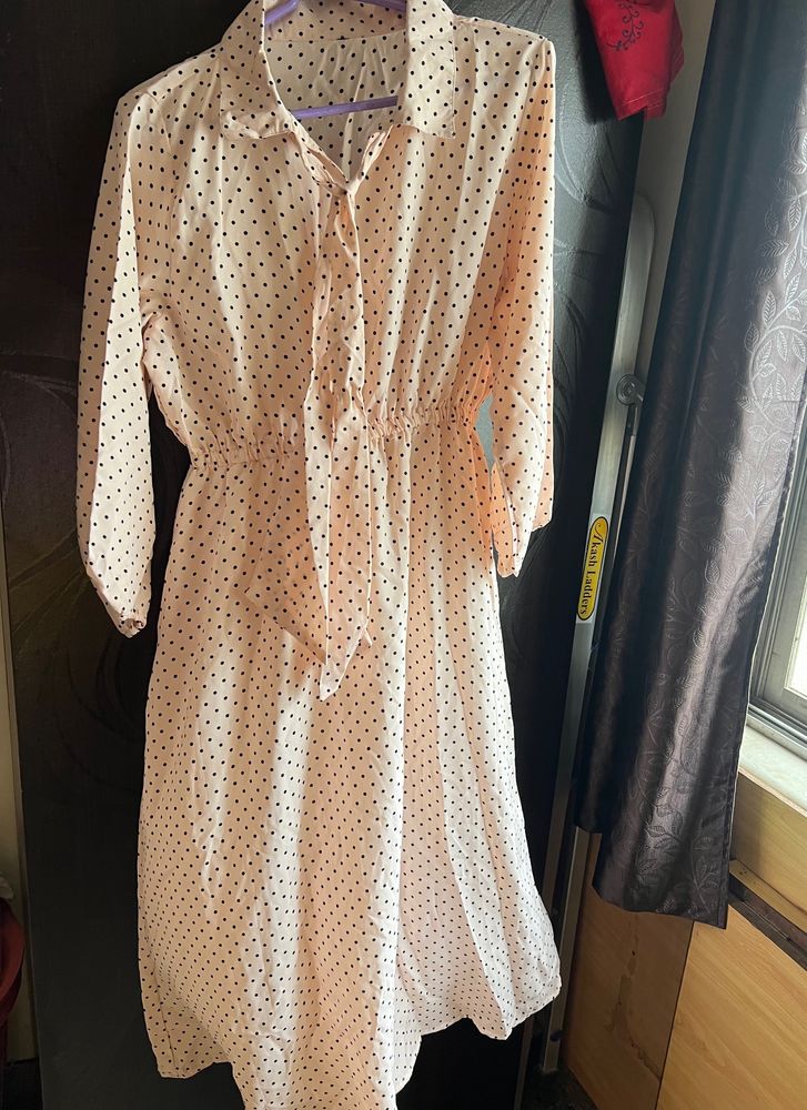 Polka Dots Peach Dress With Tie