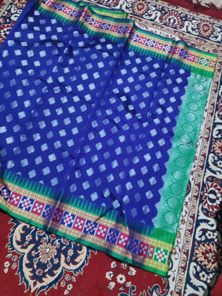 Purple Silk Sambalpuri Design Saree With Green Pallu And Attached Blouse Pc