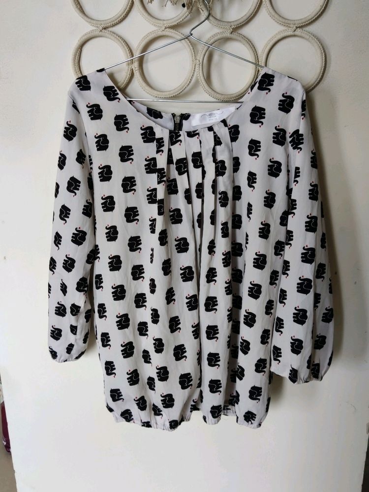 Elephant Print Black And White Top