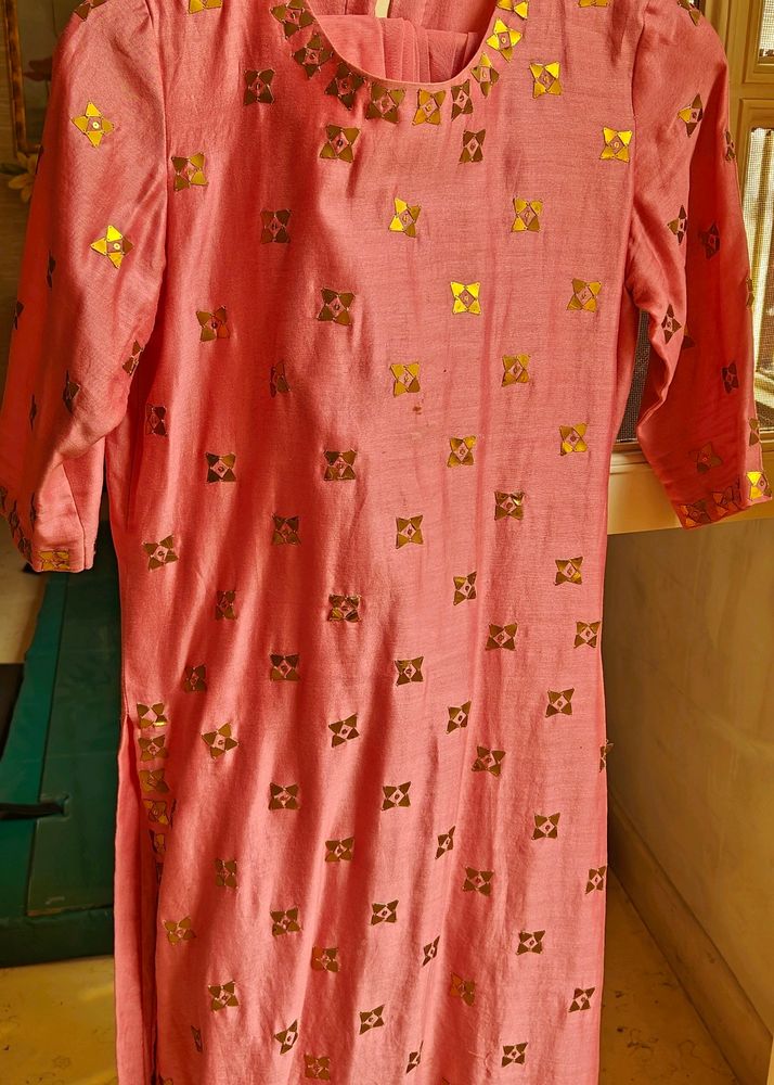 Chanderi pink Suit Set With Palazzo and Dupatta