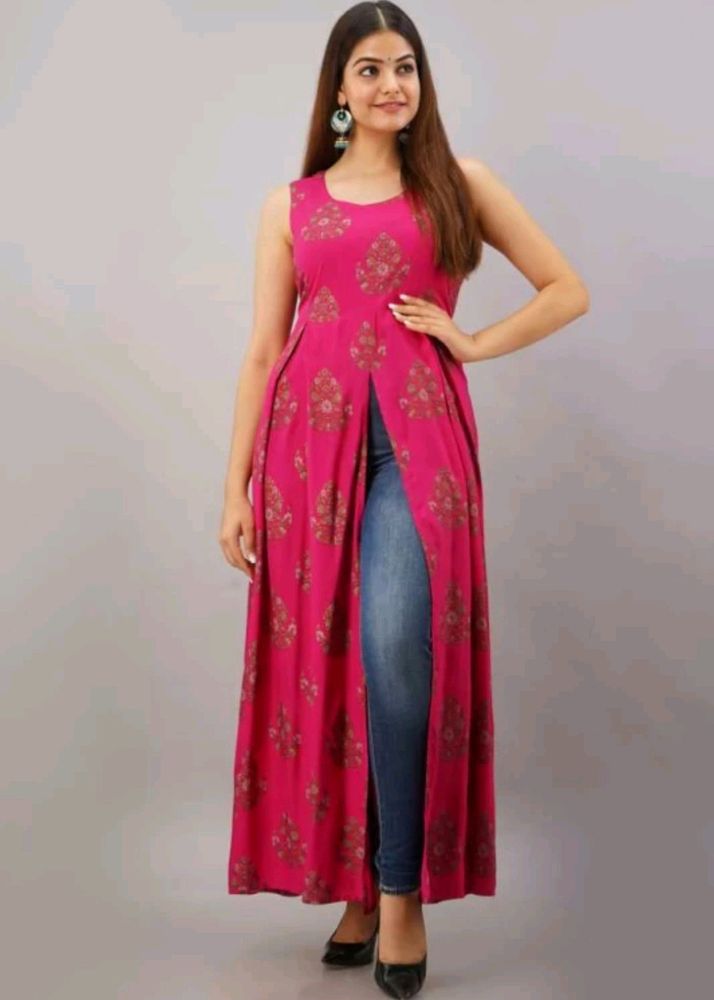 Women Printed Cotton Rayon Frontslit kurta (pink,)