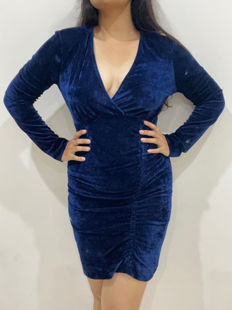 Blue Velvet Bodycon Dress, Size L