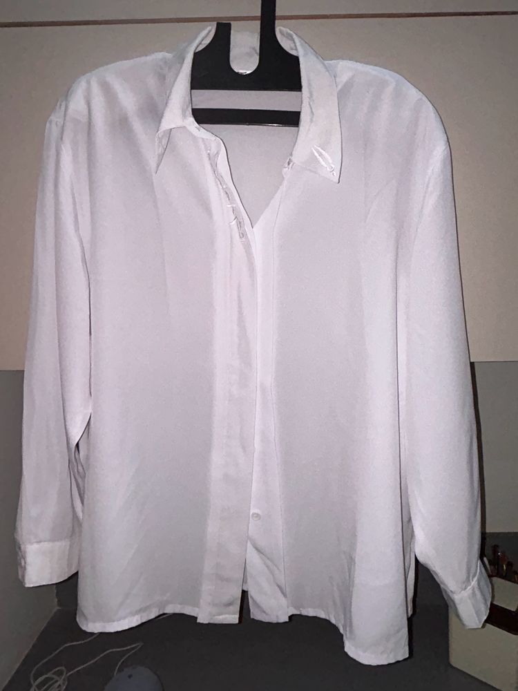 WHITE SATIN SHIRT With Shoulder Pads