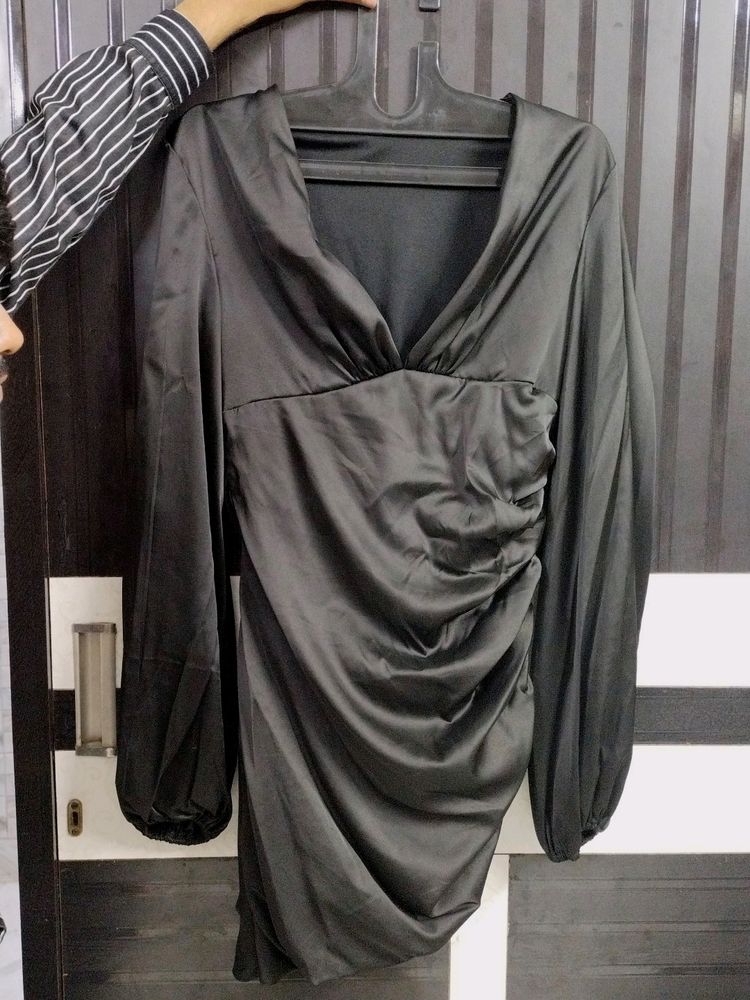 Urbanic Asymmetric Length Black Satin Dress