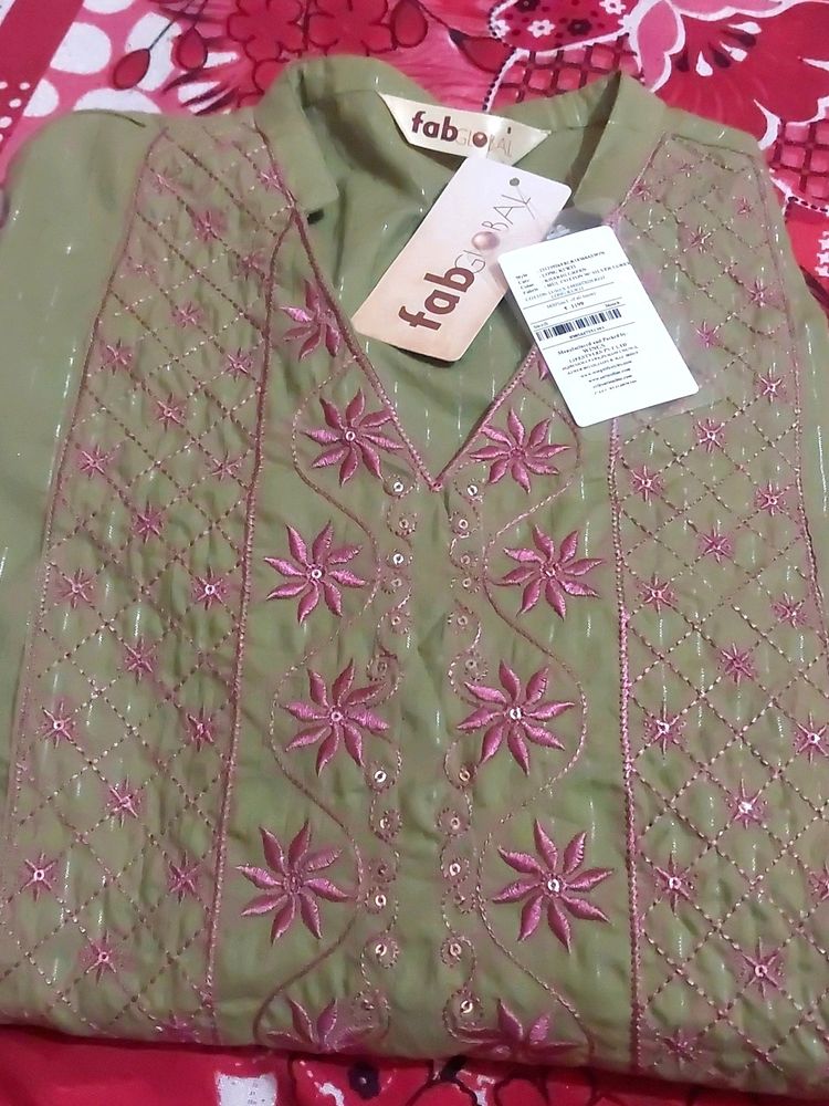 Khaki Green  Cotton  Lurex Kurti Pink Embroidery