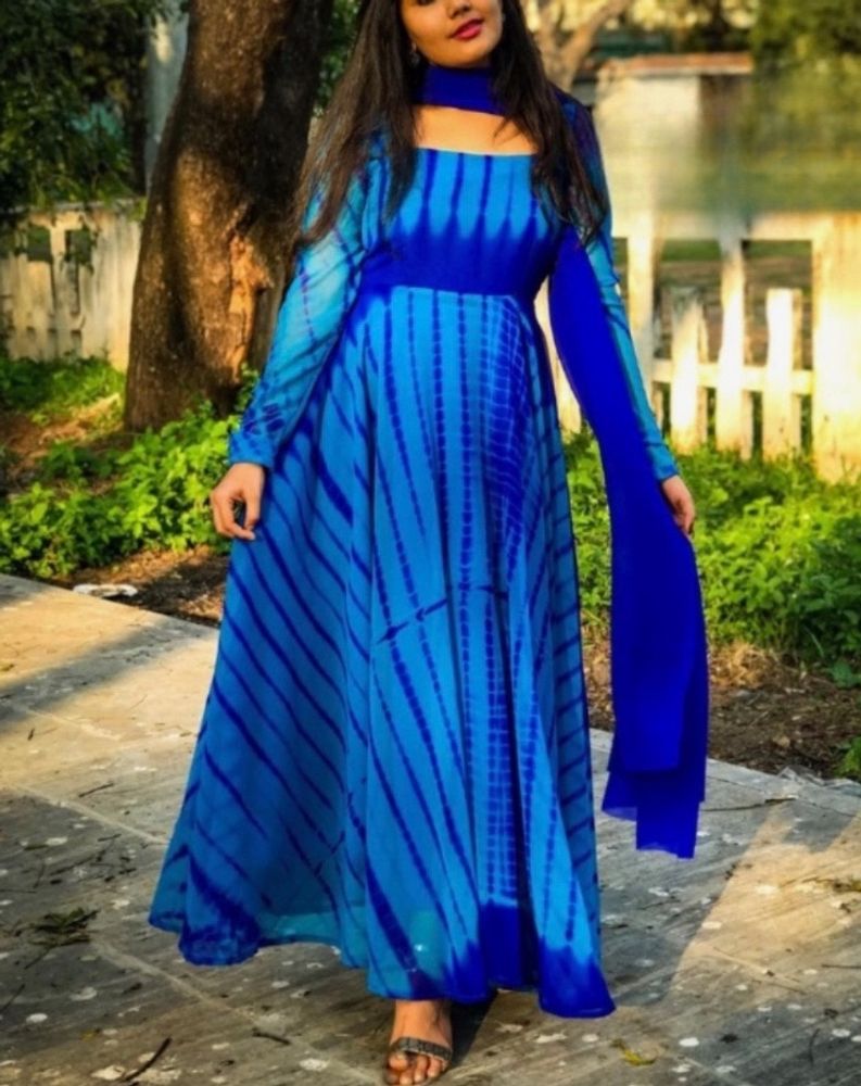 Tie dye blue anarkali with dupatta