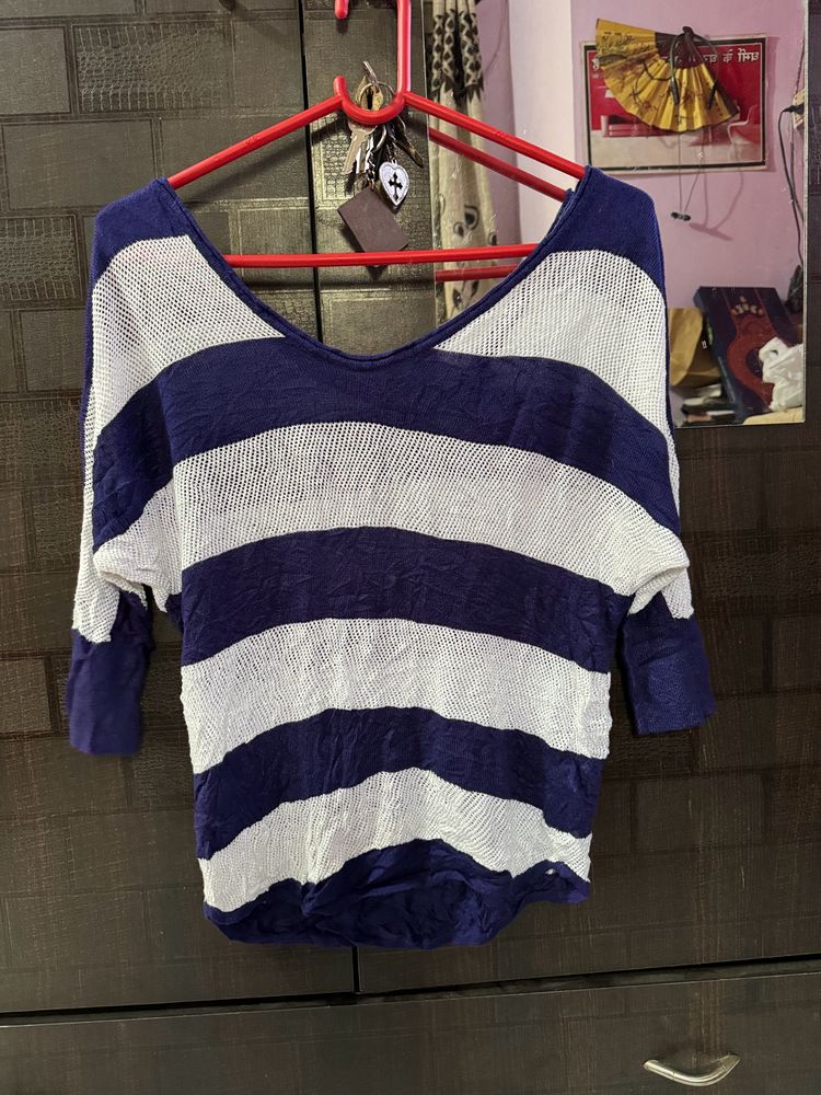 Blue & White Color Woolen Baggy Top.