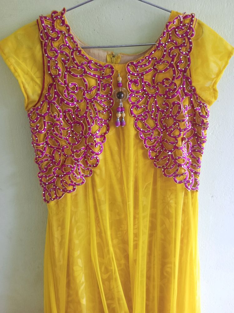 Lemon Yellow and Pink Long Ethnic Gown