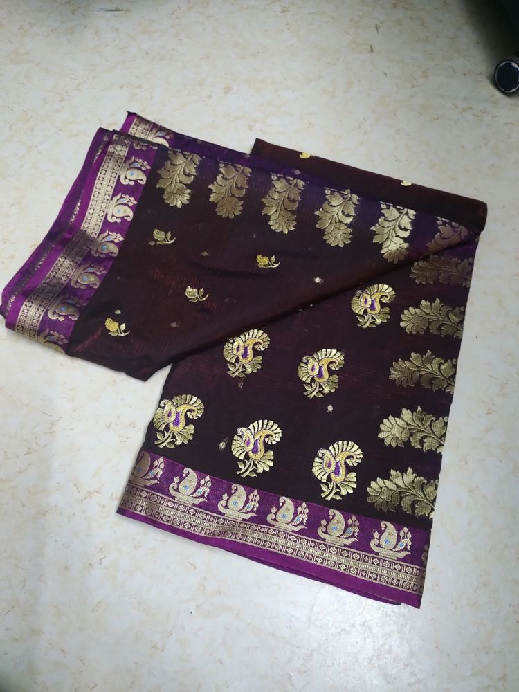 Dark Brown Saree With Purple Blouse