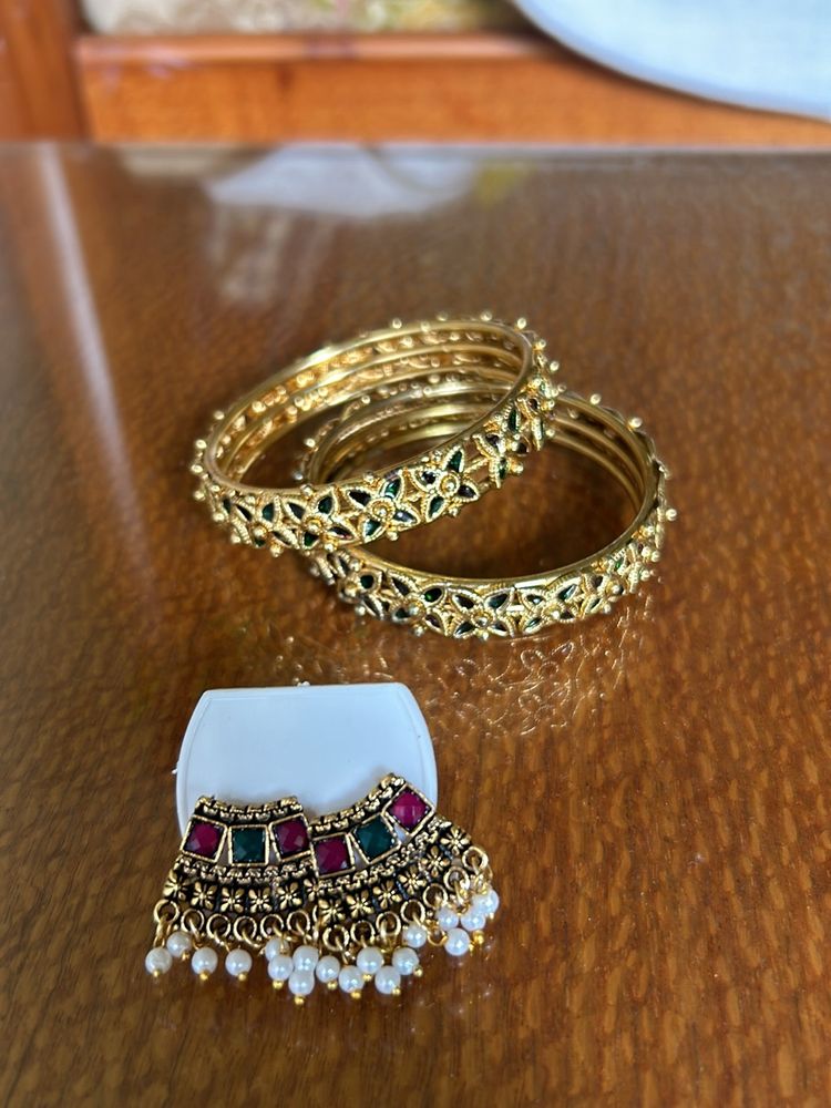 Combo 2- Brand New Golden Bangles+ Earrings