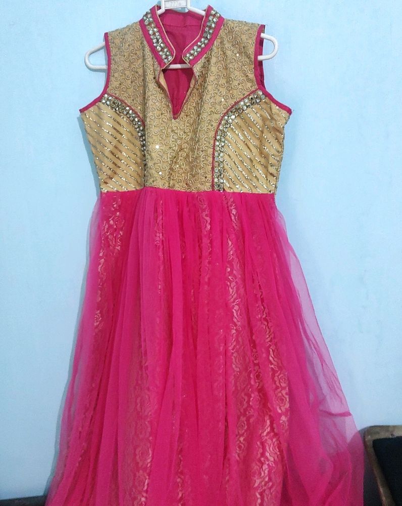 Pink Gorgeous, Stone Platted , Layered Golden And Pink Ethnic Gown