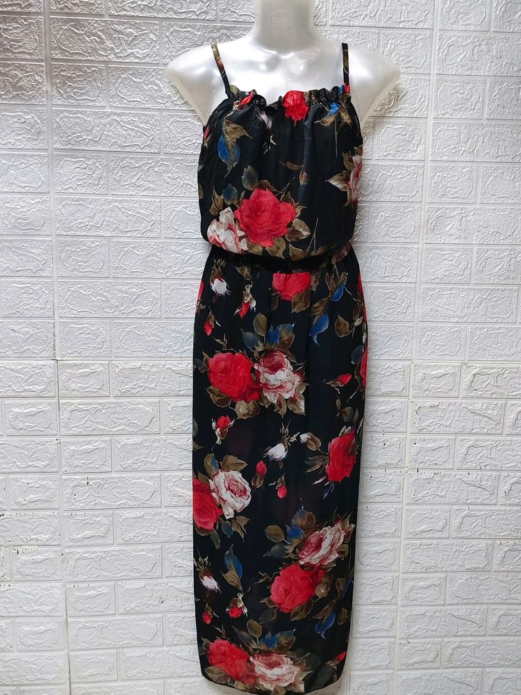 "Elegant Allure: Black Rose Print Gown"