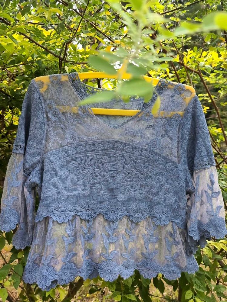 Chic Grey Embroided Soft Net Cape Top