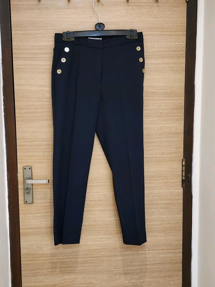 Original Mango Navy Blue Solid Cropped Trouser