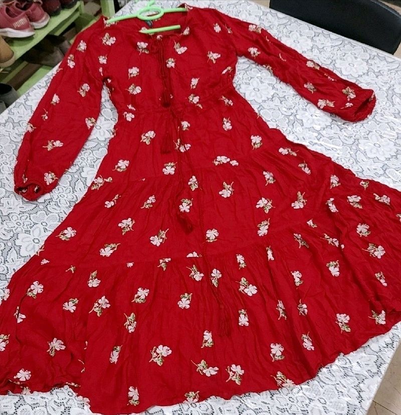 Dark Red Floral Flared Dress, Bust Size 36