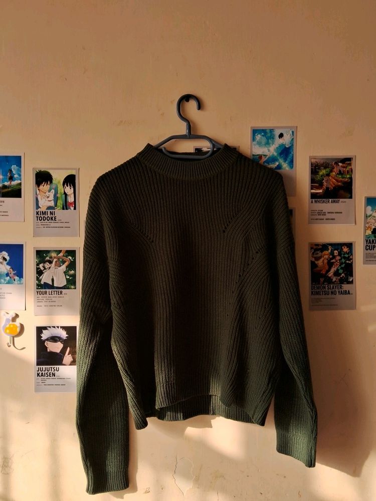 Army Green Dropped Shoulders Sweater