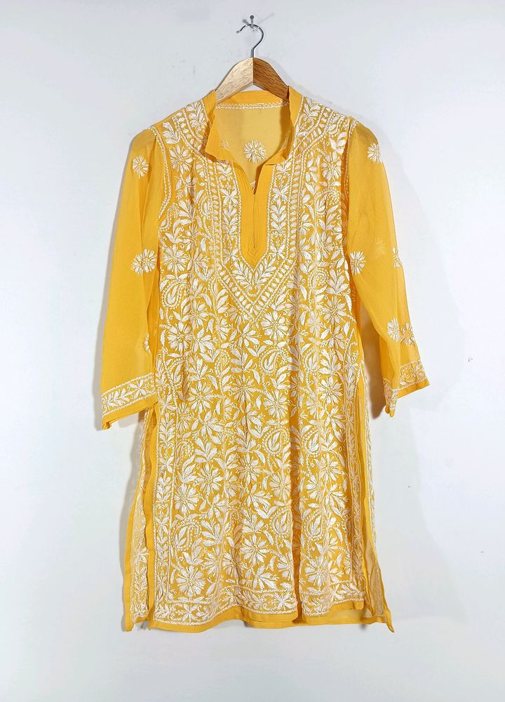 Bright Yellow Chikan-Kari Kurti With Cotton Inner