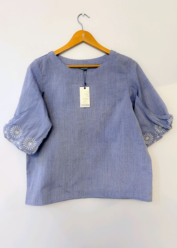 Chambray Blue Denim-like Embroidered Boho Top