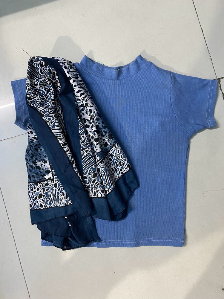 💥Combo- Blue High Neck Top With Printed Scarf 💥