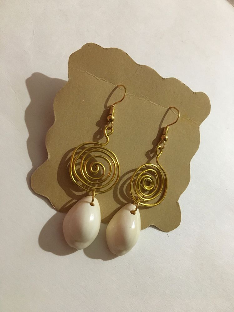 Gold Spiral With Shell Dangling Earrings