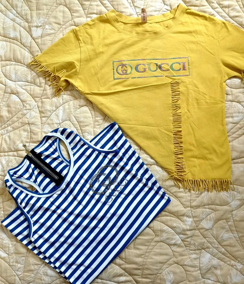 Beutiful Yellow Croptshirt With Blue Lining T-back