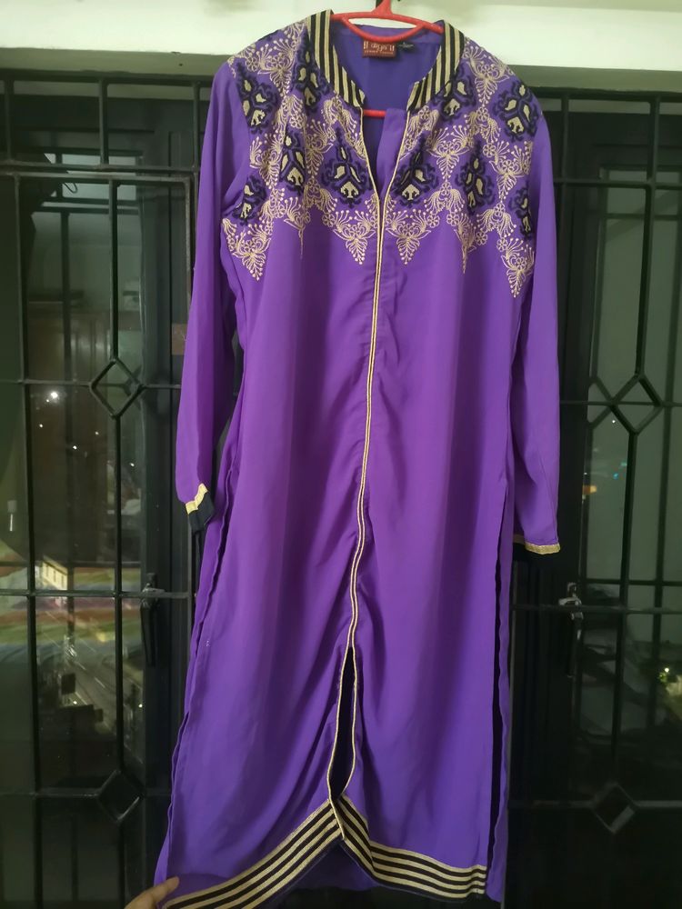 Purple Chinese Collar Kurti With Embroidery