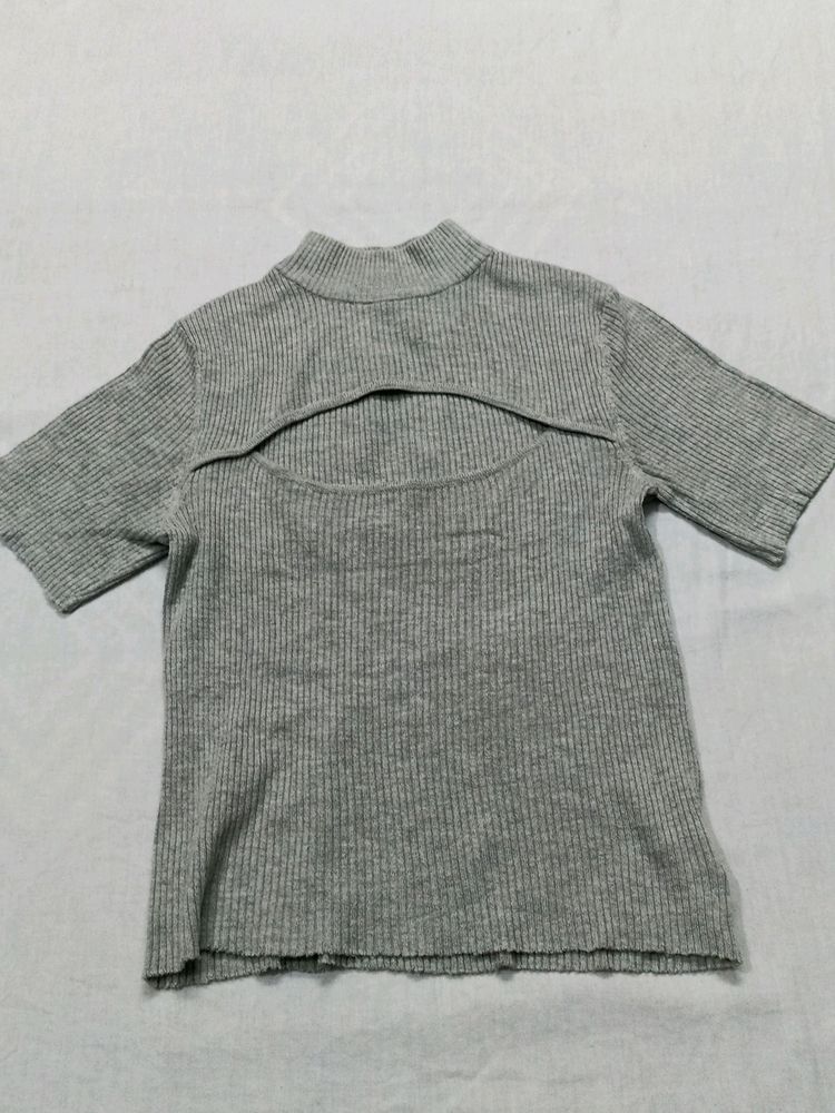 Grey Fitted Designer High Neck Top