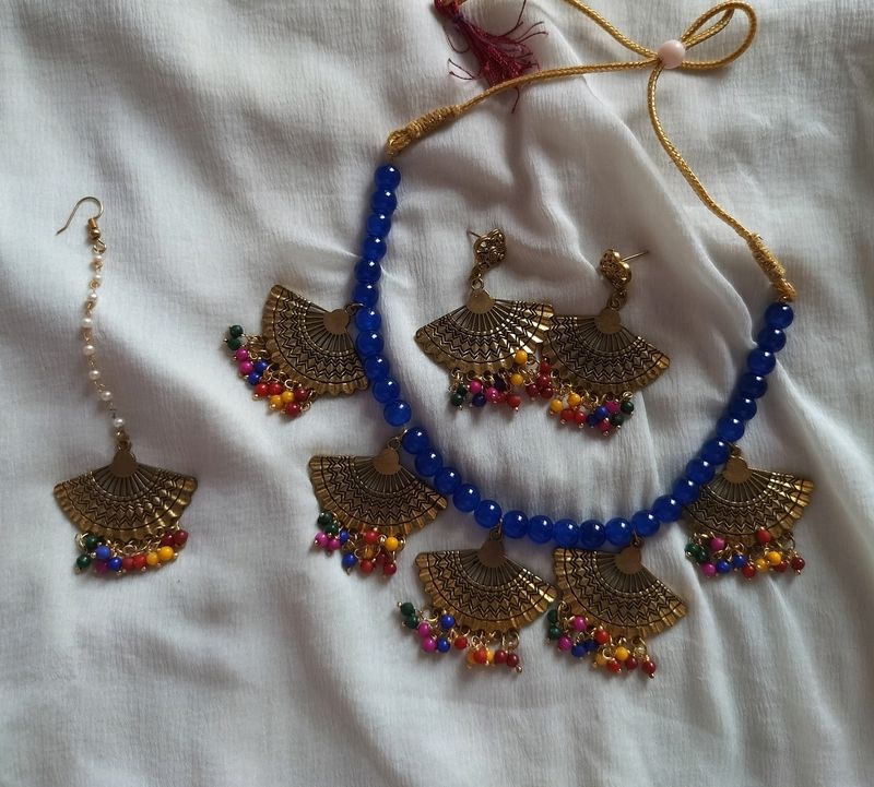 Blue Colour Necklace Set With Tikka And Earrings