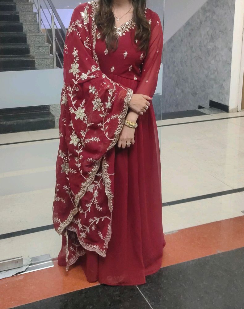 maroon heavily embroidered Anarkali Suit