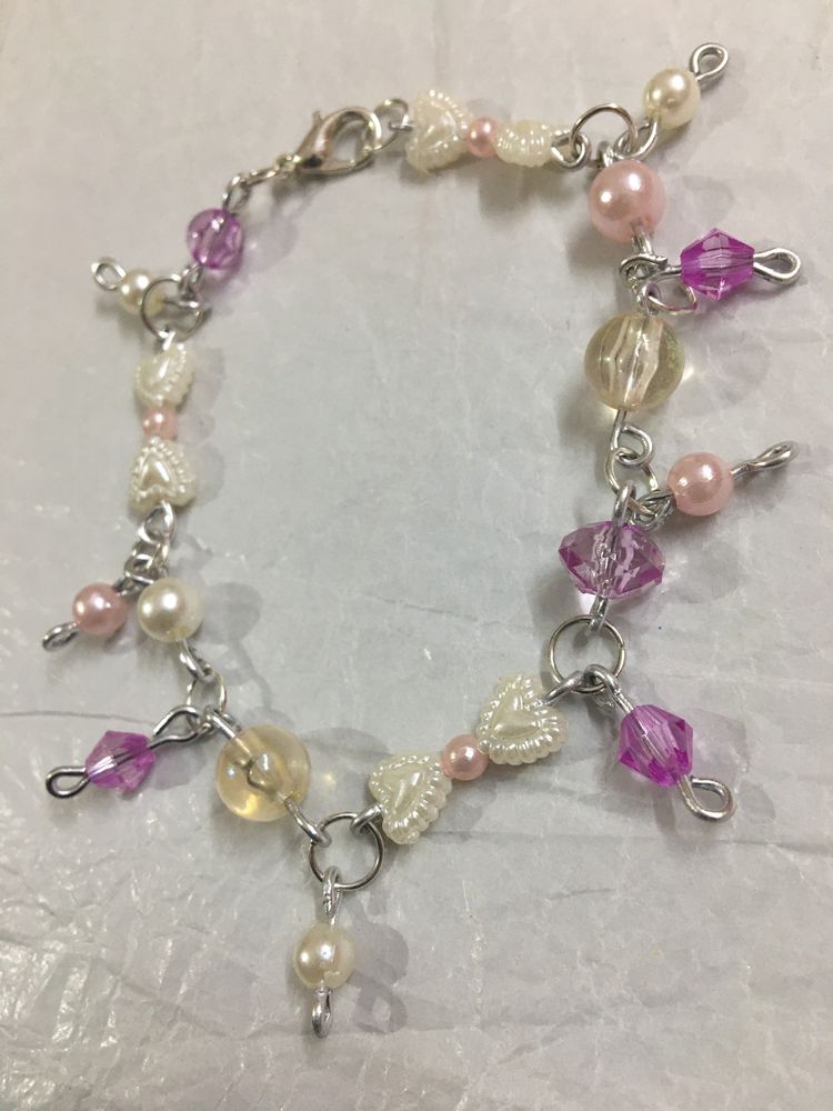 Purple Crystal,Pearl Heart And Pink Bead Bracelet