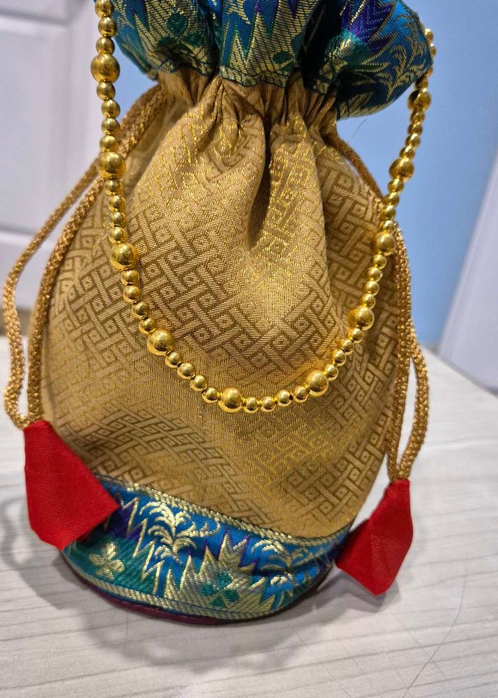 Handmade Golden Banarasi Potli Style Handbag