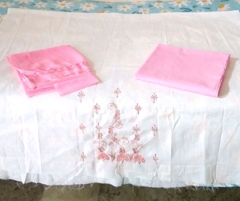 3 piece cotton embroidery pink&white suit(unstitcd