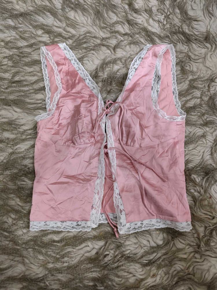 Pink Front Tie Knot Coquette  Lace Top