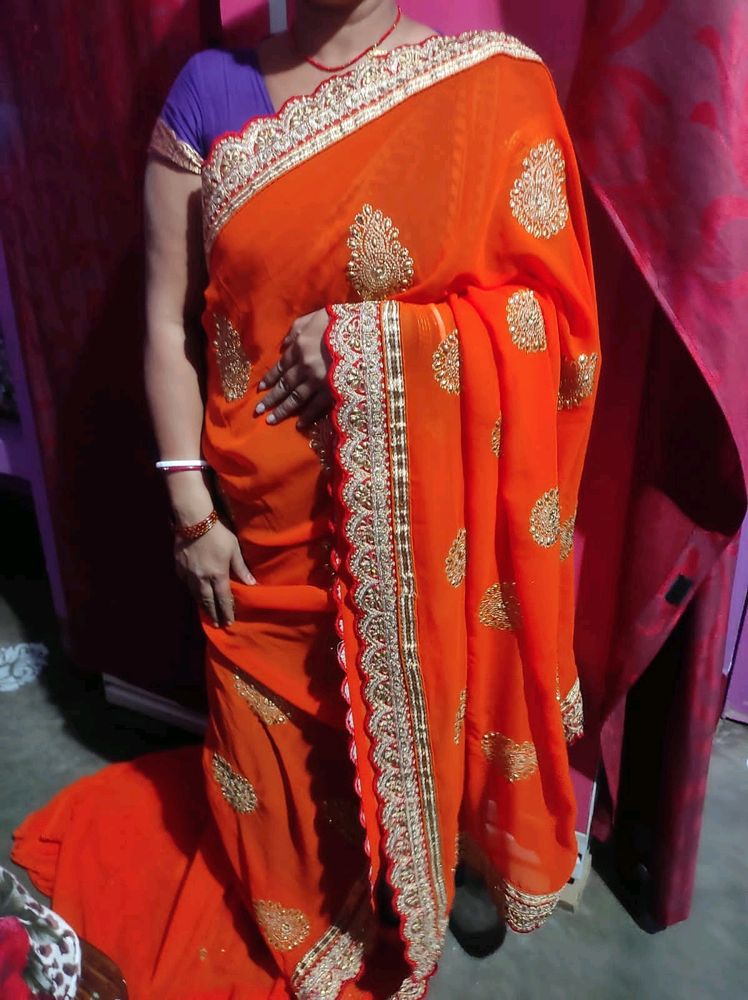 Stone Jari Work Orange Havy Saree