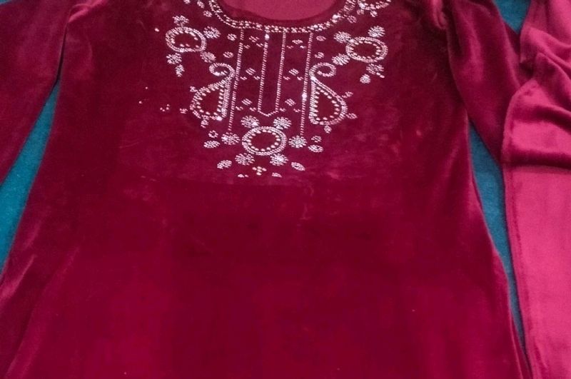 Velvet Kurta Set With Bottom And Shawal