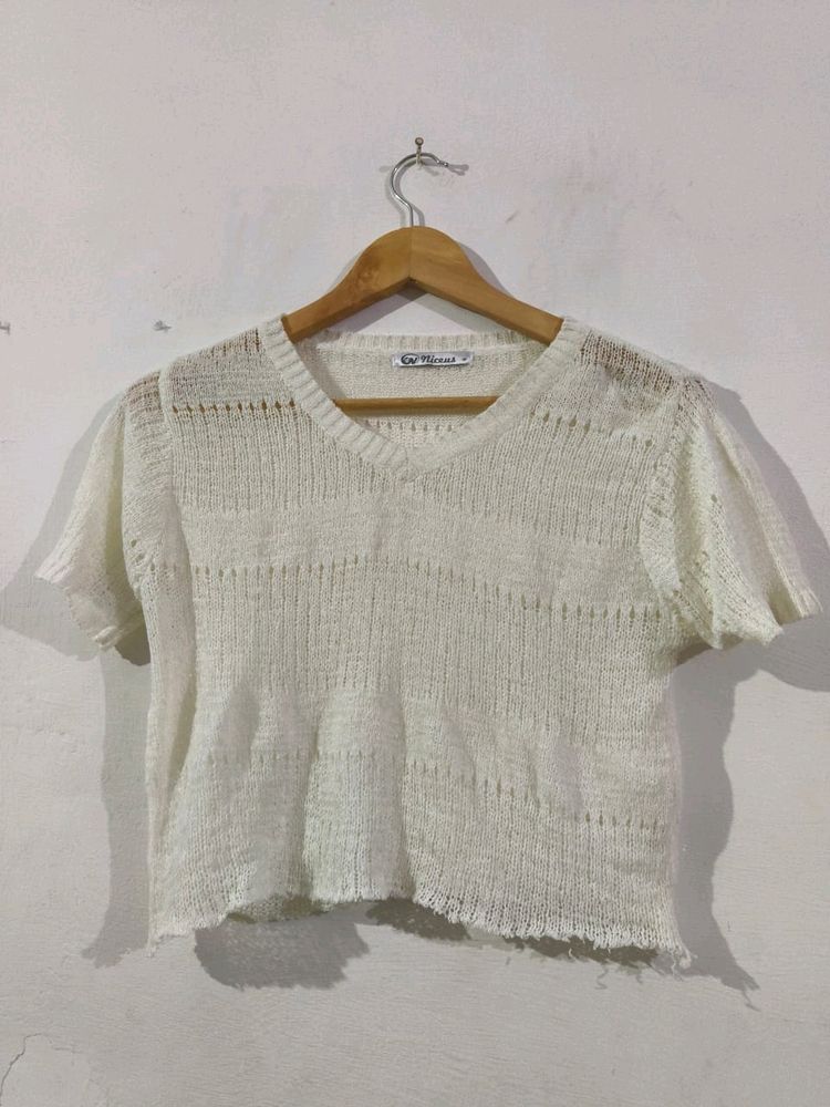 Off White Net Crop Top